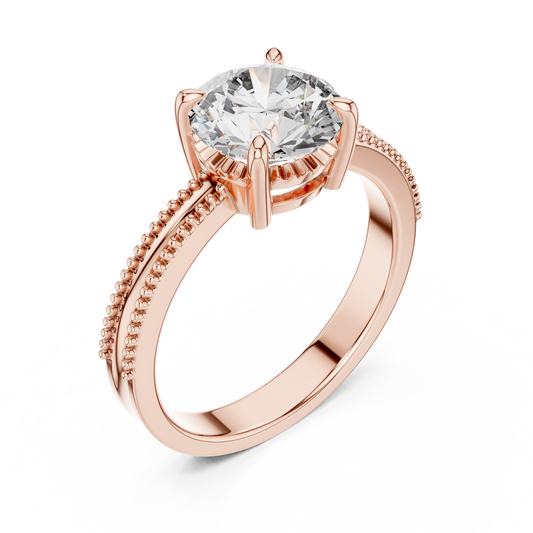 Round Lab Grown Diamond Solitaire Ring | Beaded Milgrain Band | Solid Gold