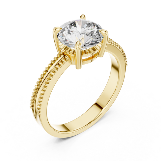 Round Lab Grown Diamond Solitaire Ring | Beaded Milgrain Band | Solid Gold