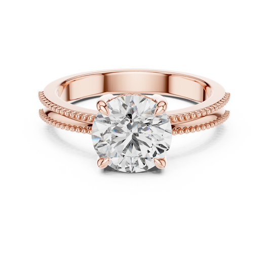 Round Lab Grown Diamond Solitaire Ring | Beaded Milgrain Band | Solid Gold