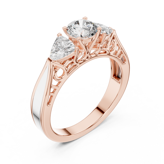 Round and Trillion Lab Grown Diamond Three-Stone Ring | Architectural Cathedral Band | Solid Gold
