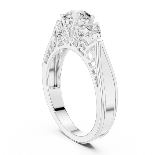 Round and Trillion Lab Grown Diamond Three-Stone Ring | Architectural Cathedral Band | Solid Gold