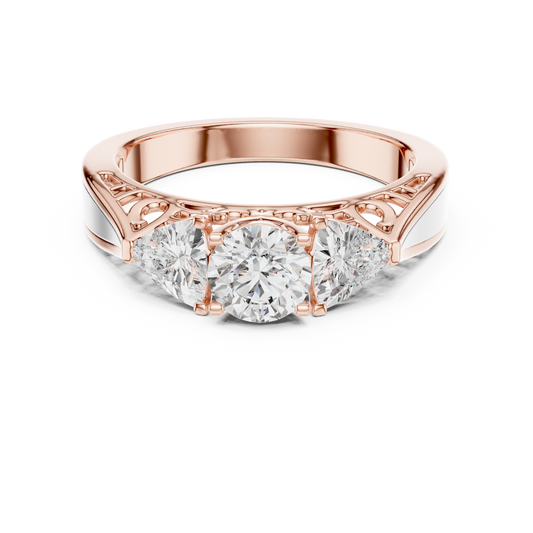 Round and Trillion Lab Grown Diamond Three-Stone Ring | Architectural Cathedral Band | Solid Gold