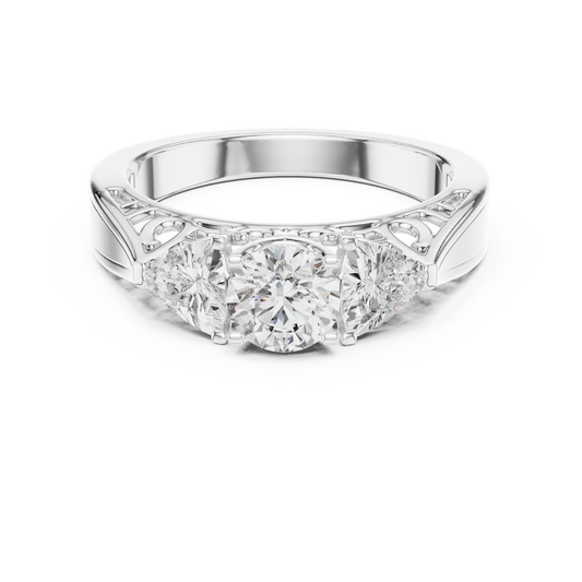 Round and Trillion Lab Grown Diamond Three-Stone Ring | Architectural Cathedral Band | Solid Gold