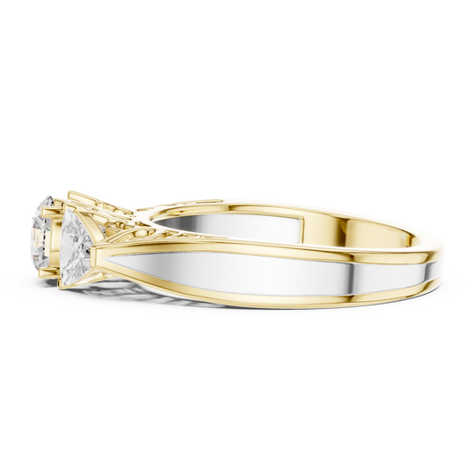 Round and Trillion Lab Grown Diamond Three-Stone Ring | Architectural Cathedral Band | Solid Gold