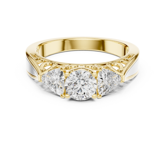 Round and Trillion Lab Grown Diamond Three-Stone Ring | Architectural Cathedral Band | Solid Gold