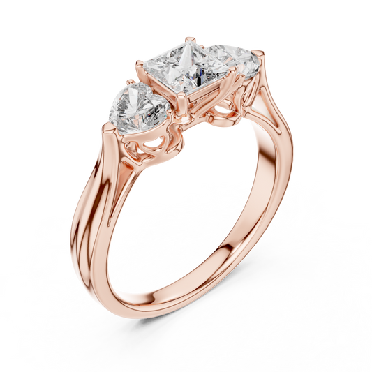 Princess Cut and Heart Diamond Three-Stone Ring | Romantic Cathedral Setting | Solid Gold