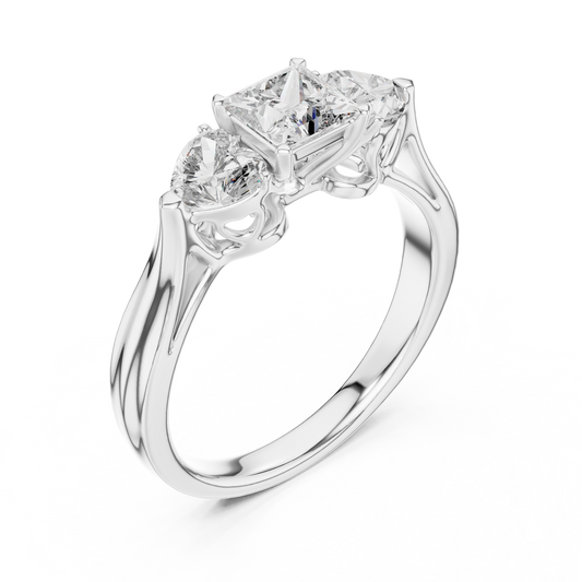 Princess Cut and Heart Diamond Three-Stone Ring | Romantic Cathedral Setting | Solid Gold