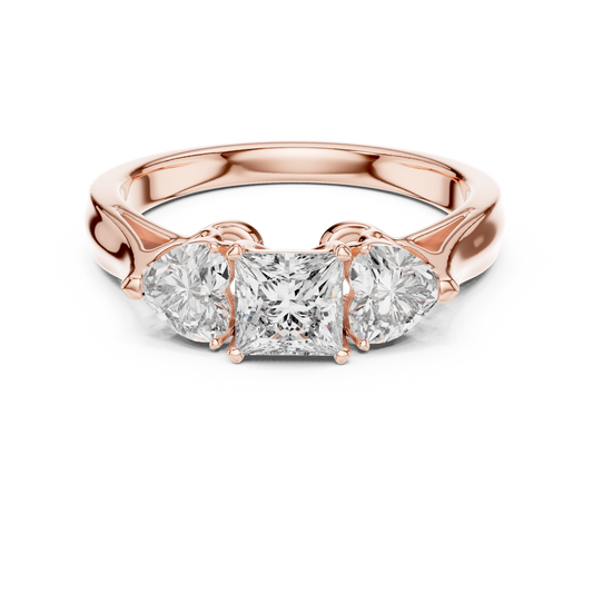 Princess Cut and Heart Diamond Three-Stone Ring | Romantic Cathedral Setting | Solid Gold