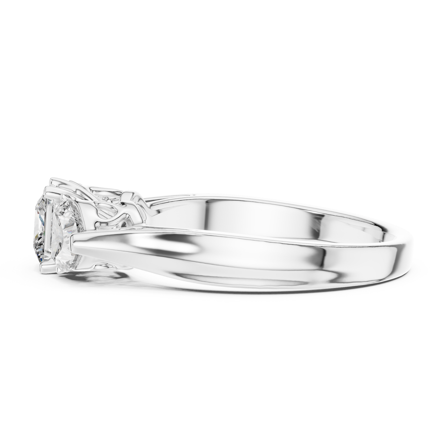 Princess Cut and Heart Diamond Three-Stone Ring | Romantic Cathedral Setting | Solid Gold