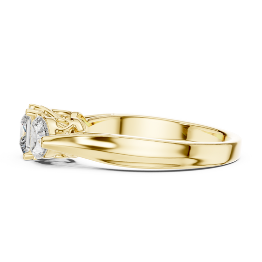 Princess Cut and Heart Diamond Three-Stone Ring | Romantic Cathedral Setting | Solid Gold