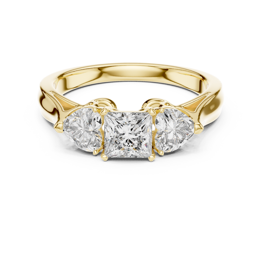 Princess Cut and Heart Diamond Three-Stone Ring | Romantic Cathedral Setting | Solid Gold