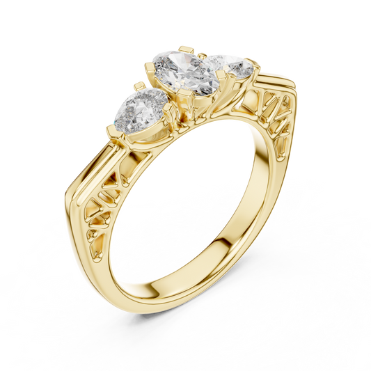Oval and Pear Lab Grown Diamond Three-Stone Ring | Architectural Cathedral Setting | Solid Gold