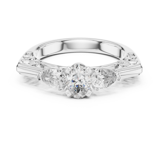 Oval and Pear Lab Grown Diamond Three-Stone Ring | Architectural Cathedral Setting | Solid Gold