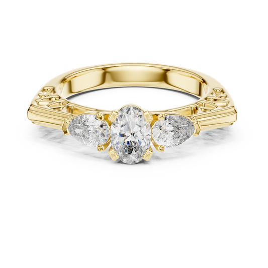 Oval and Pear Lab Grown Diamond Three-Stone Ring | Architectural Cathedral Setting | Solid Gold
