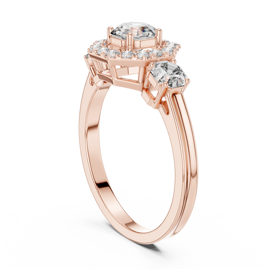 Octagon Halo Lab Grown Diamond Three-Stone Ring | Vintage-Inspired Cathedral Band | Solid Gold