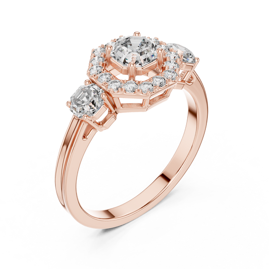 Octagon Halo Lab Grown Diamond Three-Stone Ring | Vintage-Inspired Cathedral Band | Solid Gold