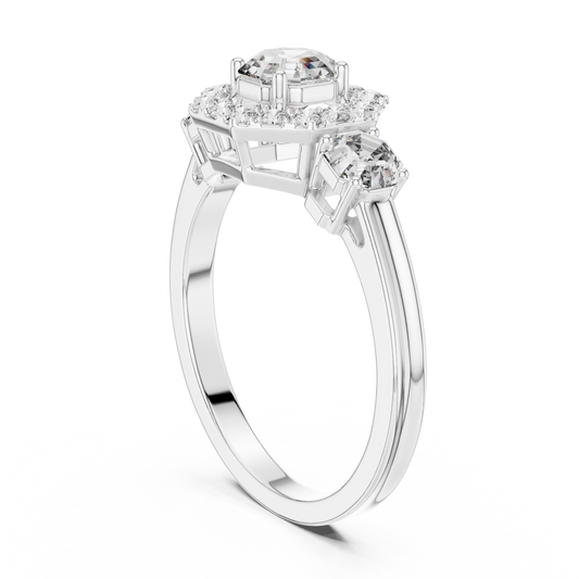 Octagon Halo Lab Grown Diamond Three-Stone Ring | Vintage-Inspired Cathedral Band | Solid Gold