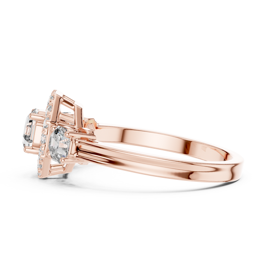 Octagon Halo Lab Grown Diamond Three-Stone Ring | Vintage-Inspired Cathedral Band | Solid Gold