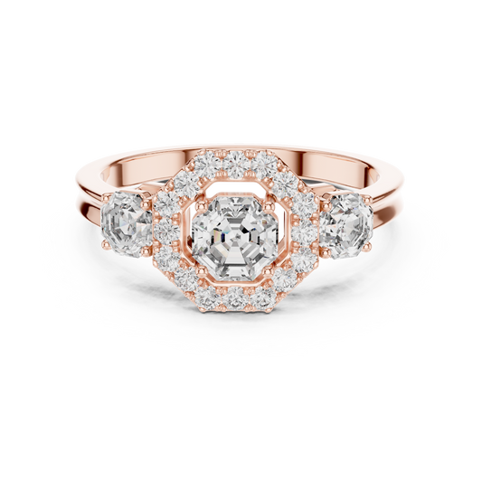 Octagon Halo Lab Grown Diamond Three-Stone Ring | Vintage-Inspired Cathedral Band | Solid Gold