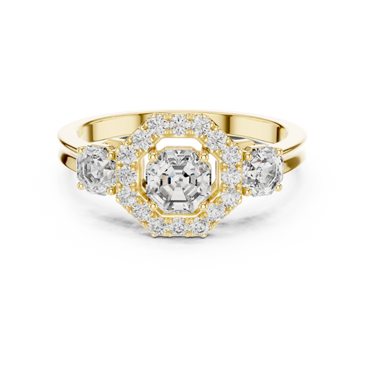 Octagon Halo Lab Grown Diamond Three-Stone Ring | Vintage-Inspired Cathedral Band | Solid Gold