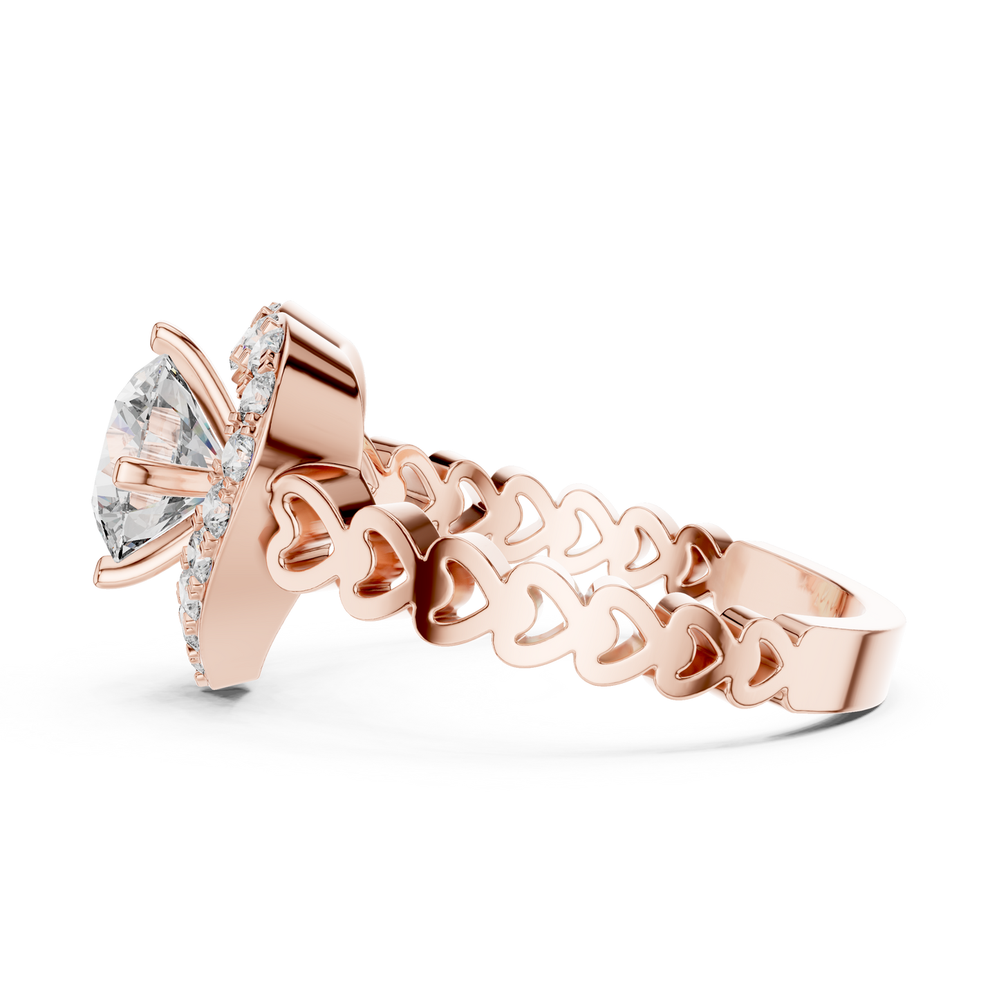 Round Lab Grown Diamond Heart-Halo Engagement Ring | Scalloped Pavé Band | 10K, 14K, and 18K Gold
