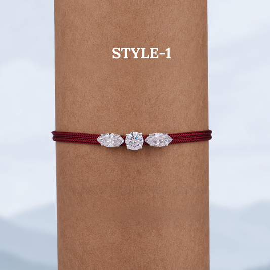 Marquise Round Moissanite Rakhi Bracelet, Sterling Silver, Silk Thread, Raksha Bandhan Gift