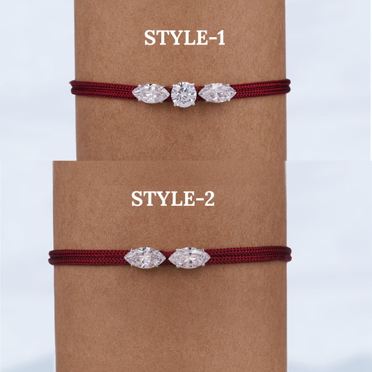 Marquise Round Moissanite Rakhi Bracelet, Sterling Silver, Silk Thread, Raksha Bandhan Gift