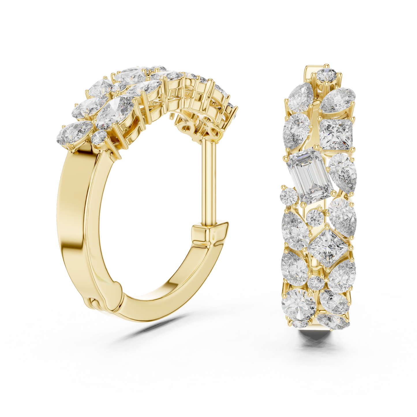 Multi-Shape Lab Grown Diamond Mosaic Hoops | Mixed Cut Cluster Earrings | 10K, 14K, and 18K Gold