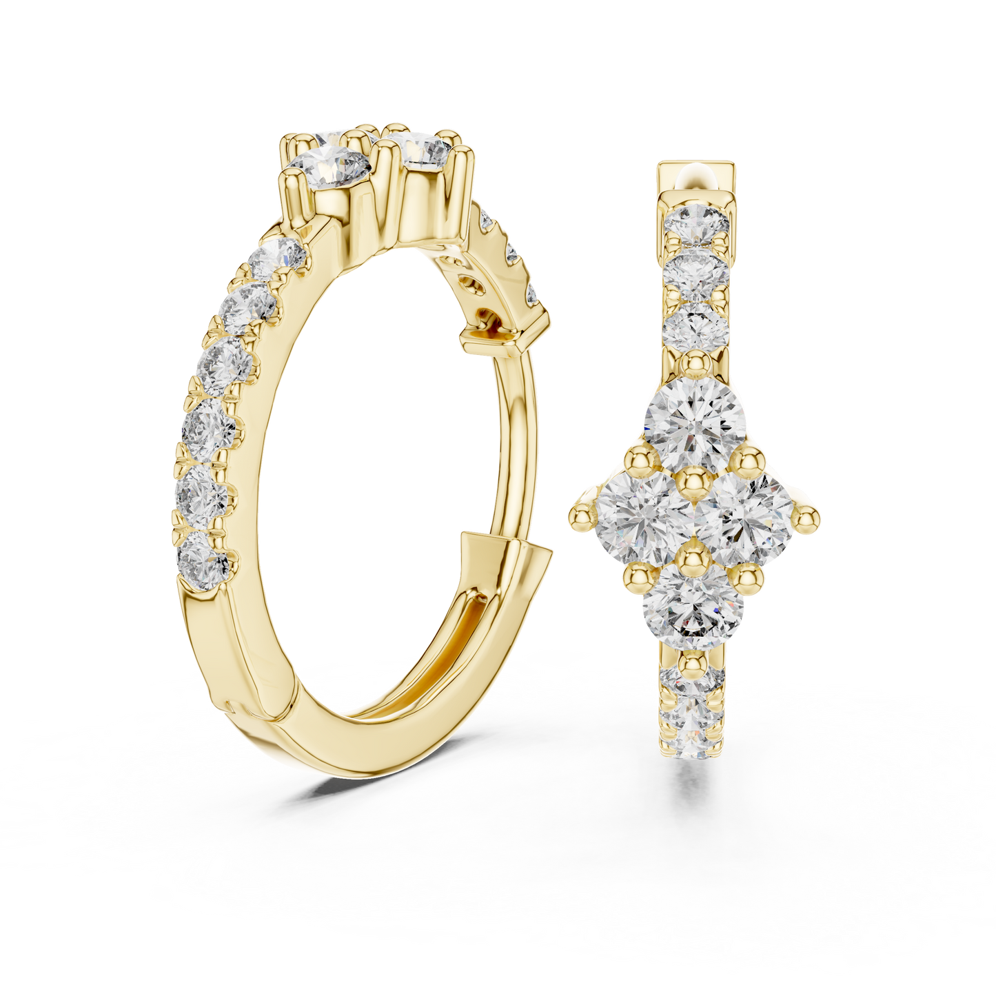 Round Lab Grown Diamond Cluster Huggie Hoops | Compass Setting | 10K, 14K, and 18K Gold