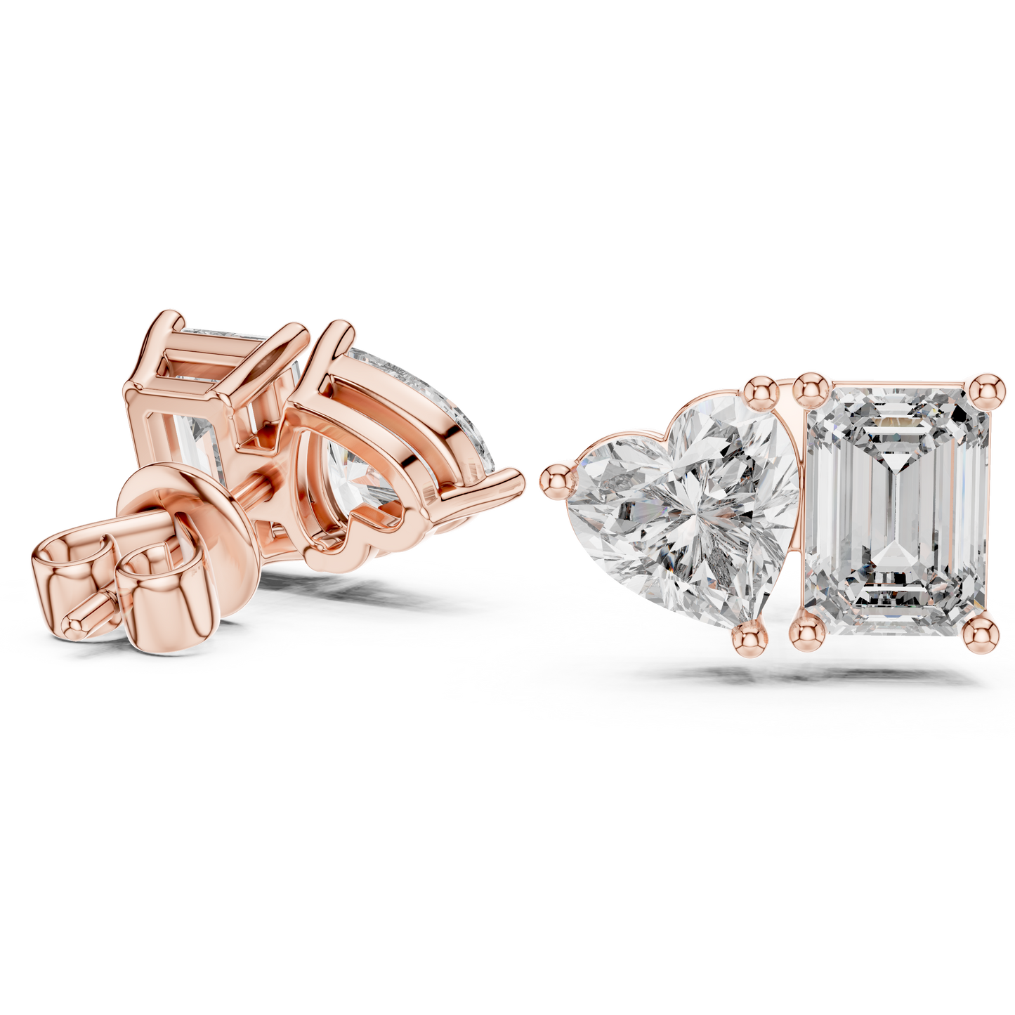 Emerald & Heart Lab Grown Diamond Toi et Moi Earrings | Unique Stud Set | 10K, 14K, and 18K Gold