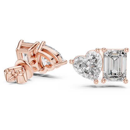 Emerald & Heart Lab Grown Diamond Toi et Moi Earrings | Unique Stud Set | 10K, 14K, and 18K Gold