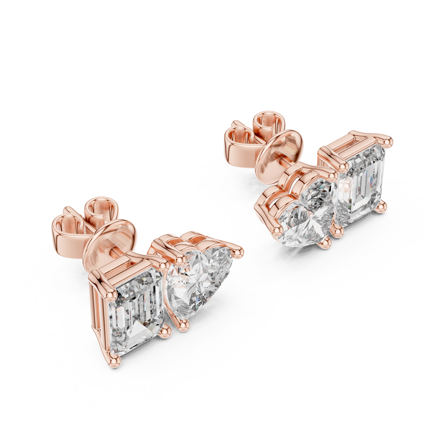 Emerald & Heart Lab Grown Diamond Toi et Moi Earrings | Unique Stud Set | 10K, 14K, and 18K Gold