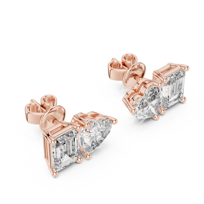 Emerald & Heart Lab Grown Diamond Toi et Moi Earrings | Unique Stud Set | 10K, 14K, and 18K Gold