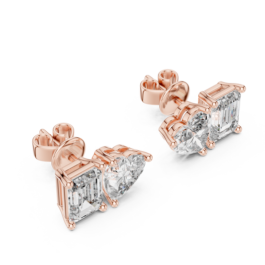 Emerald & Heart Lab Grown Diamond Toi et Moi Earrings | Unique Stud Set | 10K, 14K, and 18K Gold