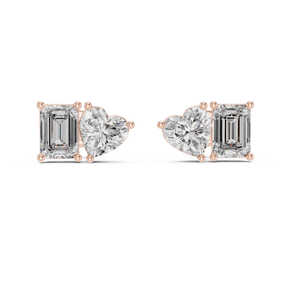 Emerald & Heart Lab Grown Diamond Toi et Moi Earrings | Unique Stud Set | 10K, 14K, and 18K Gold