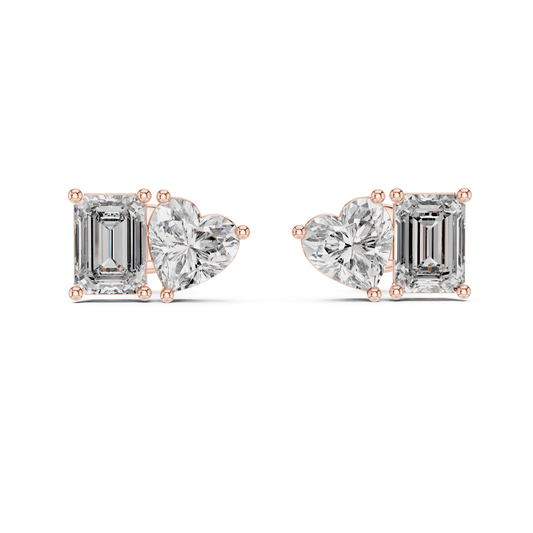 Emerald & Heart Lab Grown Diamond Toi et Moi Earrings | Unique Stud Set | 10K, 14K, and 18K Gold