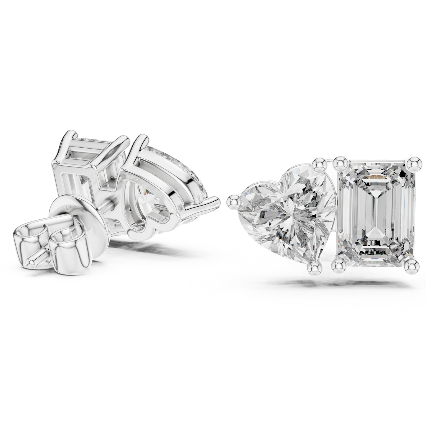 Emerald & Heart Lab Grown Diamond Toi et Moi Earrings | Unique Stud Set | 10K, 14K, and 18K Gold