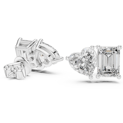 Emerald & Heart Lab Grown Diamond Toi et Moi Earrings | Unique Stud Set | 10K, 14K, and 18K Gold