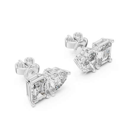 Emerald & Heart Lab Grown Diamond Toi et Moi Earrings | Unique Stud Set | 10K, 14K, and 18K Gold