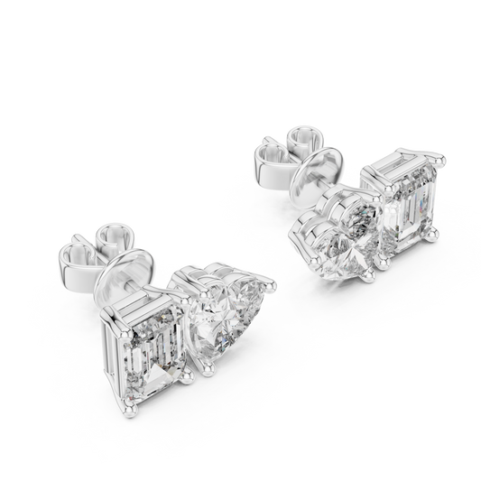 Emerald & Heart Lab Grown Diamond Toi et Moi Earrings | Unique Stud Set | 10K, 14K, and 18K Gold