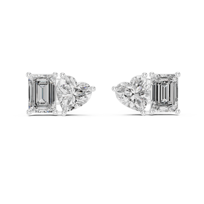 Emerald & Heart Lab Grown Diamond Toi et Moi Earrings | Unique Stud Set | 10K, 14K, and 18K Gold