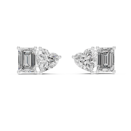 Emerald & Heart Lab Grown Diamond Toi et Moi Earrings | Unique Stud Set | 10K, 14K, and 18K Gold