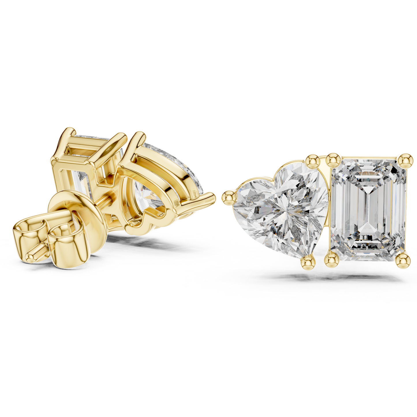 Emerald & Heart Lab Grown Diamond Toi et Moi Earrings | Unique Stud Set | 10K, 14K, and 18K Gold