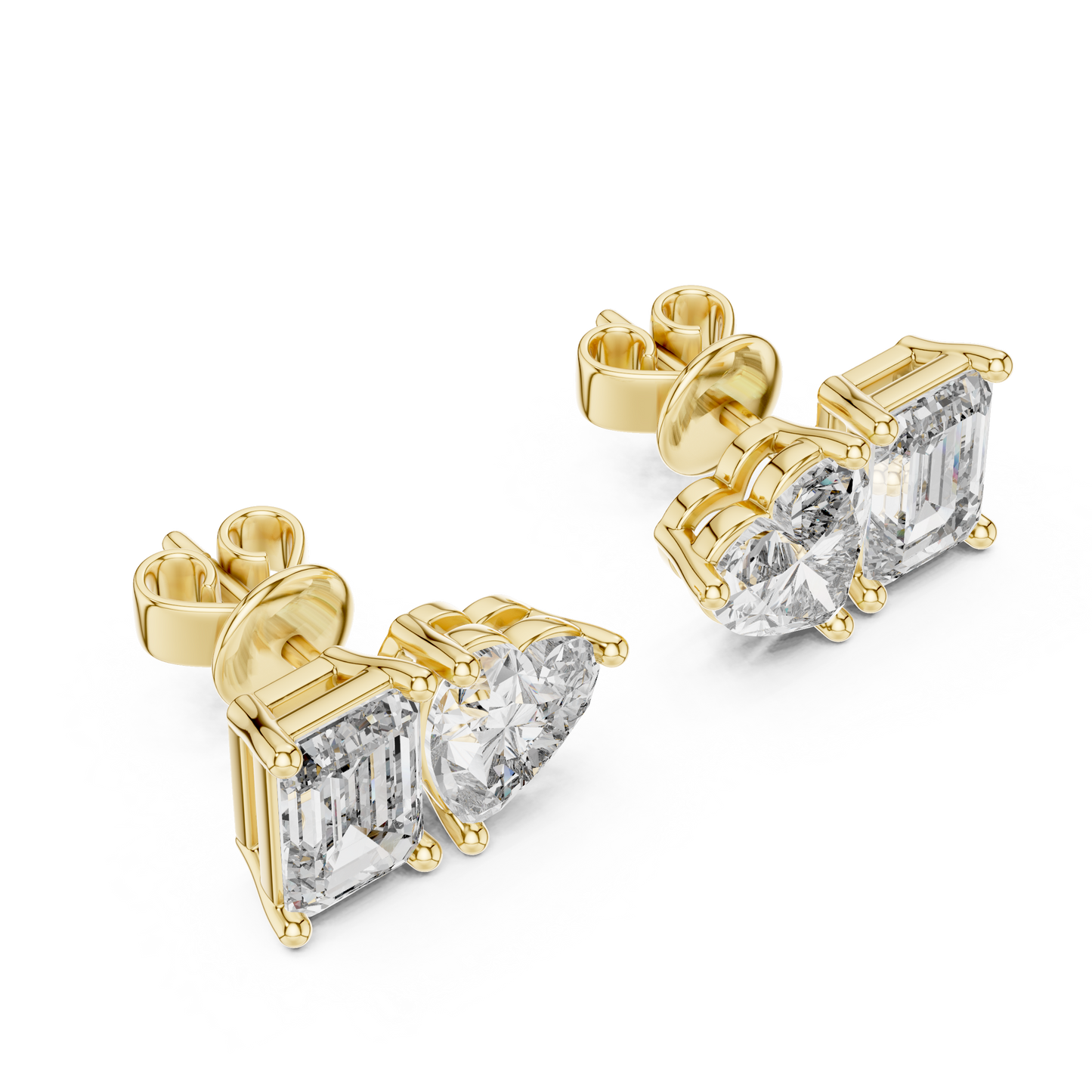 Emerald & Heart Lab Grown Diamond Toi et Moi Earrings | Unique Stud Set | 10K, 14K, and 18K Gold