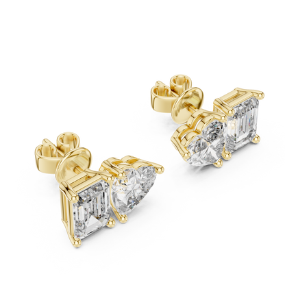 Emerald & Heart Lab Grown Diamond Toi et Moi Earrings | Unique Stud Set | 10K, 14K, and 18K Gold