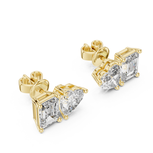 Emerald & Heart Lab Grown Diamond Toi et Moi Earrings | Unique Stud Set | 10K, 14K, and 18K Gold
