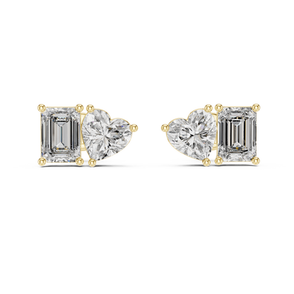 Emerald & Heart Lab Grown Diamond Toi et Moi Earrings | Unique Stud Set | 10K, 14K, and 18K Gold