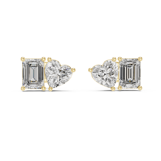 Emerald & Heart Lab Grown Diamond Toi et Moi Earrings | Unique Stud Set | 10K, 14K, and 18K Gold