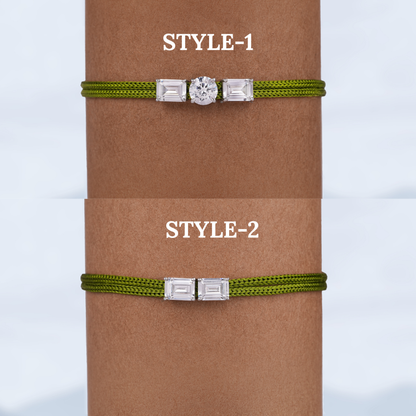 Emerald Cut Moissanite Rakhi Bracelet, Adjustable Silk Thread, Handmade Brother Gift