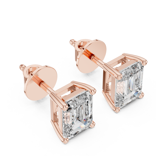 Emerald Cut Lab Grown Diamond Stud Earrings | Classic Four-Prong Basket Style | 10K, 14K, and 18K Gold